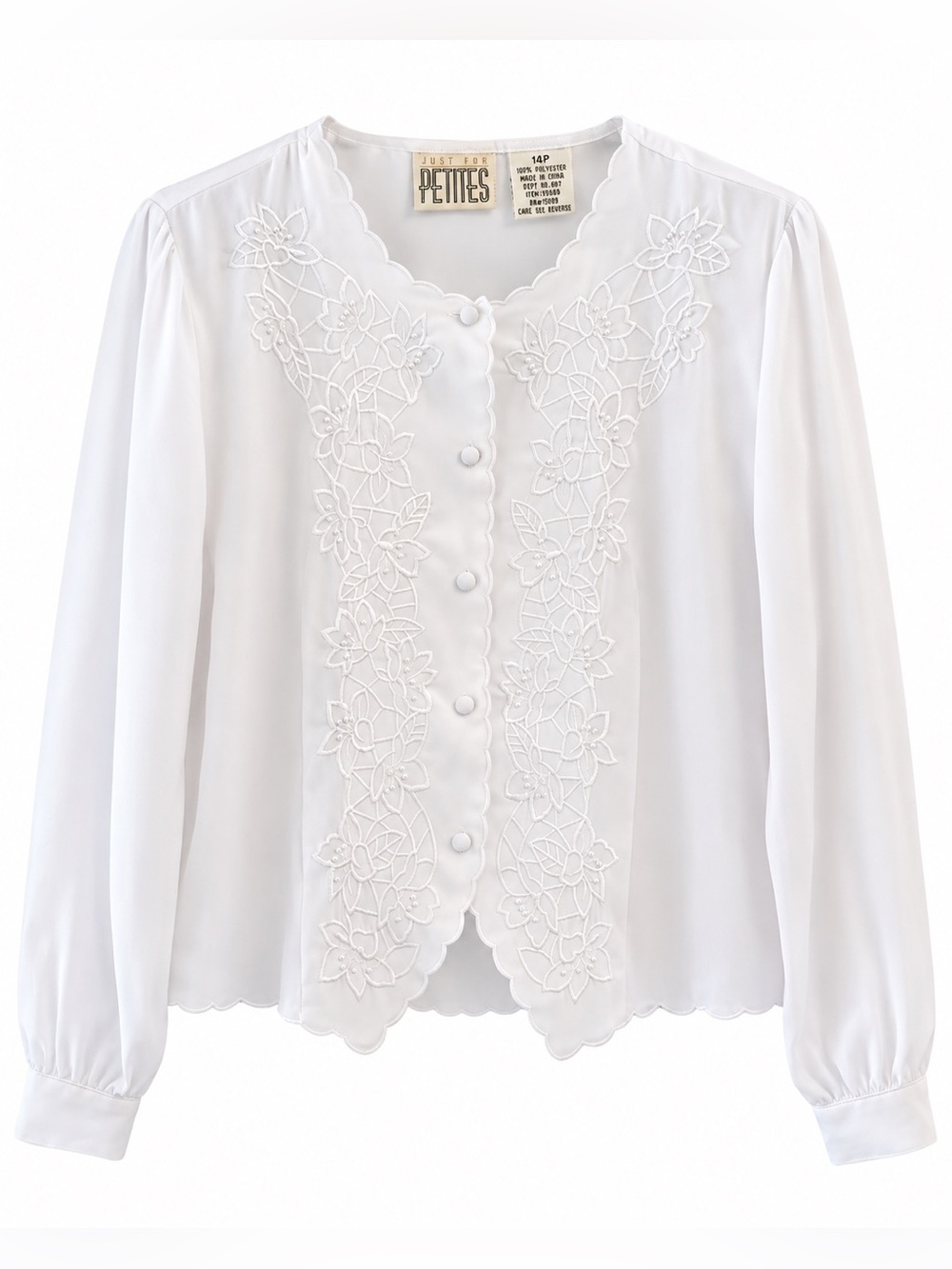 White Lace Front Button Blouse Long Sleeve Victorian Petite Career Size 14P XL